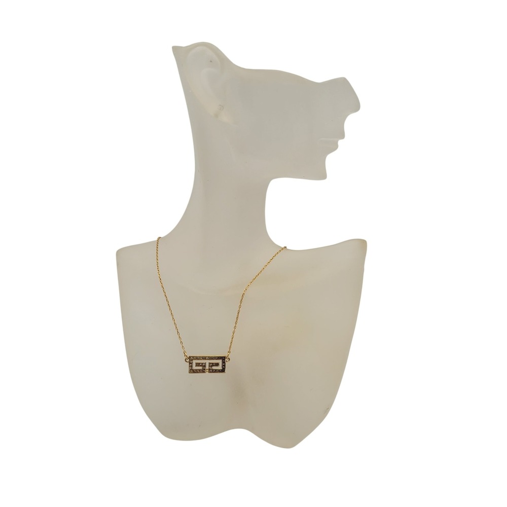 Givenchy Vintage Gold Tone Greek Key Logo Crystal Pendant Necklace 14inch